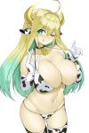  1girl ;p ahoge animal_ears animal_print bell bell_choker bikini blonde_hair breasts choker colored_inner_hair cow_ears cow_girl cow_print elf elven_forest_maker flower-shaped_pupils goma. green_eyes green_hair highres horns large_breasts last_origin long_hair looking_at_viewer multicolored_hair navel one_eye_closed pointy_ears print_legwear solo strap_pull swimsuit thighhighs tongue tongue_out two-tone_hair 