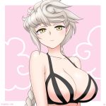  1girl alternate_costume asymmetrical_hair blush braid breasts buttons cypress eyebrows_visible_through_hair kantai_collection large_breasts long_hair single_braid smile solo twitter_username unryuu_(kantai_collection) upper_body very_long_hair white_hair yellow_eyes 