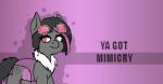  arthropod banned_from_equestria changeling eyewear female feral friendship_is_magic goggles goggles_on_head hair looking_at_viewer mimicry_(fluffobuggo) my_little_pony neck_tuft parody pink_eyes simple_background smile solo text tuft unknown_artist 