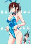  1boy 1girl animal_ears black_hair blush bow bowtie breasts brown_hair bunny_ears bunny_girl bunny_tail chinatsu_(suzutsuki_kurara) cleavage commentary fake_animal_ears green_eyes hairband highres open_mouth original shiny shiny_skin short_hair suzutsuki_kurara tail wrist_cuffs 