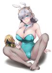  1girl anastasia_(fate) animal_ears bare_shoulders blush bow bowtie breasts bunny_ears cleavage detached_collar fate/grand_order fate_(series) fishnet_legwear fishnets grey_hair hair_over_one_eye large_breasts long_hair looking_at_viewer open_mouth pantyhose playboy_bunny sitting soba_(saz) solo spread_legs viy 