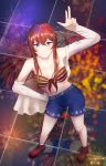  1girl belt bikini blue_eyes blue_shorts breasts closed_mouth daishuquee fireworks fourth_of_july highres long_hair looking_at_viewer makise_kurisu midriff navel red_bikini red_footwear red_hair shorts small_breasts smile solo standing steins;gate swimsuit 
