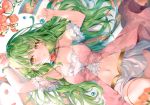  blush breasts cleavage flowers garter green_hair long_hair momoko_(momopoco) navel necklace original yellow_eyes 