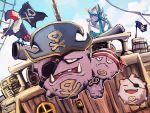  bandana barrel cloud day dhelmise eyepatch fangs flag gen_1_pokemon gen_7_pokemon hat koffing levitate_(pokemon) no_humans one_eye_closed outdoors pirate_hat pokemon pokemon_(creature) ship sky toucannon watercraft weezing yottur 