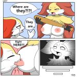  1:1 anthro baseball_bat bat_(object) bodily_fluids braixen breast_bite breast_squish breast_suck breasts canid canine comic crying delphox duo english_text female female/female hi_res hostile mammal nintendo pok&eacute;mon pok&eacute;mon_(species) shocked speech_bubble squish sucking surprise tears teeth text tonytoran video_games 