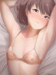  1girl a_flat_chest_is_a_status_symbol armpits arms_up blush bra breasts brown_eyes brown_hair closed_mouth eyebrows_visible_through_hair floral_print hair_between_eyes highres kantai_collection long_hair lying on_back orange_bra ryuujou_(kantai_collection) small_breasts solo tama_(seiga46239239) underwear 