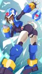  1girl absurdres aile aqua_eyes arm_cannon ass bent_over blue_jacket bodysuit breasts brown_hair cropped_jacket grid highres jacket livemetal looking_at_viewer model_x open_clothes open_jacket pretty-purin720 puffy_short_sleeves puffy_sleeves purple_bodysuit rockman rockman_zx short_hair short_sleeves skin_tight small_breasts solo weapon 