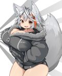  1girl animal_ear_fluff animal_ears breasts buruma cleavage fangs grey_hair hair_ornament hairclip hands_in_pockets highres huge_breasts jacket mamemochi multicolored_hair open_mouth original short_hair simple_background smile solo streaked_hair tail thighs upper_body v-shaped_eyebrows white_background wolf_ears wolf_tail yellow_eyes zipper_pull_tab 