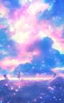 1girl black_hair capelet cat cloud cloudy_sky commentary dress fantasy field from_behind grass highres light_particles original rock sakimori_(hououbds) scenery short_hair sky solo wind 