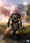  2019 anthro armor canid canine clothed clothing day detailed_background digital_media_(artwork) gun hi_res holding_gun holding_object holding_weapon male mammal mr._mist outside ranged_weapon sky solo standing weapon 