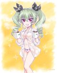  1girl :d anchovy_(girls_und_panzer) artist_name bangs black_ribbon bow bow_panties breasts burafu cleavage coffee commentary cup dated dress_shirt drill_hair eighth_note eyebrows_visible_through_hair girls_und_panzer green_hair hair_ribbon holding holding_cup italian_flag long_hair long_sleeves looking_at_viewer medium_breasts musical_note navel no_bra no_pants open_clothes open_mouth open_shirt panties red_eyes ribbon shirt sleeves_rolled_up smile solo sparkle standing steam twin_drills twintails underwear white_panties white_shirt wing_collar yellow_background 