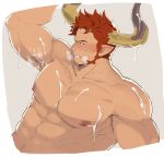  1boy abs agielba armpit_hair bara blush breath chest close-up cum cum_on_body cum_on_upper_body draph facial_hair granblue_fantasy horns male_focus manly muscle nabana_(bnnbnn) navel nipples pectoral_focus red_eyes red_hair shirtless sideburns smile solo sweat upper_body 