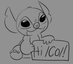  /co/ 2020 3_toes alien artbro black_and_grey digital_drawing_(artwork) digital_media_(artwork) disney experiment_(lilo_and_stitch) fur grey_background head_tuft lilo_and_stitch looking_at_viewer monochrome notched_ear sign simple_background sketch smile solo stitch_(lilo_and_stitch) text toes tuft 