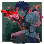  1boy armor blue_hair cu_chulainn_(fate)_(all) cu_chulainn_(fate/prototype) earrings fate/prototype fate_(series) fur gae_bolg gauntlets gloves glowing glowing_weapon grin holding holding_weapon hoop_earrings jewelry long_hair male_focus necklace polearm ponytail red_eyes smile solo spear spiked_hair tozakuro_s type-moon weapon 