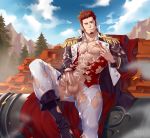  1boy :p abs after_masturbation bar_censor bara blue_eyes boots brown_hair cape censored chest chest_scar chrisanother cum cum_on_body cum_on_upper_body epaulettes erection facial_hair fate/grand_order fate_(series) feet_out_of_frame goatee huge_weapon jacket_pull leaning_back long_sleeves male_focus military military_uniform mosaic_censoring muscle napoleon_bonaparte_(fate/grand_order) nipples one_eye_closed open_clothes pants penis red_cape scar shirt shirt_pull short_hair sideburns smile solo tight tongue tongue_out torn_clothes torn_pants torn_shirt uniform weapon 