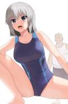  1boy 1girl a1 alternate_hairstyle bangs blue_eyes blue_swimsuit breasts closed_eyes collarbone competition_swimsuit eyebrows_visible_through_hair fang grey_hair hair_between_eyes hand_on_own_thigh large_breasts old_man one-piece_swimsuit open_mouth short_hair shorts simple_background skin_fang smile solo_focus standing stretch swimsuit tank_top thighs uzaki-chan_wa_asobitai! uzaki_hana wet white_background white_hair white_tank_top 