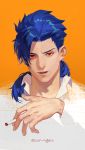  1boy asymmetrical_bangs bangs blue_hair cigarette collared_shirt cu_chulainn_(fate)_(all) cu_chulainn_(fate/prototype) earrings fate/prototype fate_(series) holding holding_cigarette hoop_earrings jewelry long_hair looking_at_viewer male_focus ponytail red_eyes shirt slit_pupils solo spiked_hair twitter_username type-moon yokan_(cxsp4773) 