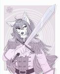  anthro ariveil canid canine canis clothed clothing fur grey_eyes grey_hair hair hi_res holding_object holding_weapon male mammal melee_weapon simple_background smile solo sword weapon white_body white_fur wolf 