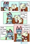  animal_crossing anthro bench bodily_fluids breasts cleavage clothed clothing clover comic duo english_text female flirting four_leaf_clover hand_behind_head hi_res laugh lolly_(animal_crossing) male male/female mammal marshal_(animal_crossing) mouse murid murine nintendo rodent sciurid size_difference smile speech_bubble sweat text tonytoran video_games 