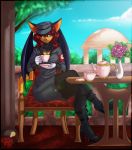  anthro ariveil black_body black_fur breasts brown_body brown_fur brown_hair chiropteran cup detailed_background female fur hair hi_res holding_object mammal multicolored_body multicolored_fur open_mouth open_smile red_eyes sitting smile solo two_tone_body two_tone_fur wings 