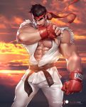  1boy abs bara bare_shoulders belt black_belt black_hair boxing_gloves chest feet_out_of_frame headband male_focus muscle nipples open_clothes patreon_username ryuu_(street_fighter) short_hair silverjow sleeveless street_fighter sunset thick_eyebrows thick_thighs thighs torn_clothes veins 