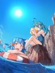  2girls :d akari_(shichigatsu) ball bare_shoulders beachball black_swimsuit blue_hair blue_sky day green_eyes green_hair hair_tubes highres holding holding_ball lifebuoy multiple_girls name_tag ocean open_mouth orange_eyes original rock school_swimsuit shichigatsu sitting sky smile sou_(shichigatsu) sun swimsuit 