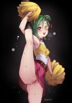  :d belt black_legwear breasts brown_belt censored cheerleader covered_nipples green_hair hair_bun hair_ribbon kneehighs leg_lift mibry_(phrysm) miniskirt mizuki_kotori_(yuu-gi-ou_zexal) mosaic_censoring no_panties open_mouth orange_eyes pink_skirt pom_poms red_ribbon ribbon shirt short_hair skirt sleeveless sleeveless_shirt small_breasts smile split standing standing_on_one_leg standing_split sweatdrop tied_hair yu-gi-oh! yu-gi-oh!_zexal 