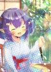  1girl :d ^_^ abukuma_(azur_lane) azur_lane bangs blurry blurry_background blush breasts chair closed_eyes depth_of_field ear_piercing eyebrows_visible_through_hair facial_mark facing_viewer fang hair_between_eyes hair_ornament hairclip hand_up horns japanese_clothes kimono kouu_hiyoyo long_sleeves on_chair open_mouth piercing pointy_ears purple_hair sitting sleeves_past_wrists small_breasts smile solo white_kimono wide_sleeves 
