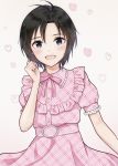  1girl :d antenna_hair bangs black_eyes black_hair blush bow bowtie dress hair_between_eyes heart highres idolmaster idolmaster_(classic) idolmaster_2 kikuchi_makoto looking_at_viewer mogskg open_mouth pink_dress pink_neckwear plaid plaid_dress short_hair short_sleeves simple_background smile solo upper_body white_background 