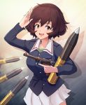  1girl :d absurdres akiyama_yukari bangs blue_jacket brown_eyes brown_hair collarbone cowboy_shot girls_und_panzer grey_background gun hair_between_eyes handgun highres holding holding_gun holding_weapon jacket long_sleeves luger_p08 medium_hair military_jacket miniskirt nico_jiang ooarai_military_uniform open_mouth pleated_skirt salute skirt smile solo standing weapon white_skirt 