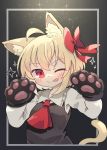  1girl ;p animal_ear_fluff animal_ears arms_up ascot bangs black_background black_vest blonde_hair blouse blush bow cat_ears cat_tail commentary dot_nose eyebrows_visible_through_hair gradient gradient_background hair_bow highres kibisake long_sleeves one_eye_closed paws red_eyes red_neckwear rumia short_hair simple_background solo sparkle tail tongue tongue_out touhou upper_body vest white_blouse wing_collar 