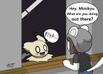  anthro duo english_text female male mimikyu nintendo pok&eacute;mon pok&eacute;mon_(species) sitting smile speech_bubble text tonytoran video_games window window_sill 