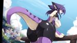  16:9 anthro big_butt bike_shorts bottomwear breasts butt clothing dragon female fireflufferz glistening glistening_clothing hair hi_res looking_at_viewer looking_back purple_body purple_hair shorts sky solo thick_thighs tight_clothing tsukiyo under_boob widescreen yellow_eyes 
