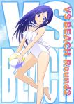  1girl ball bangs bare_shoulders barefoot beachball blue_eyes blue_hair breasts casual_one-piece_swimsuit cleavage closed_mouth collarbone dokidoki!_precure eyebrows_visible_through_hair floating_hair hair_between_eyes hishikawa_rikka holding holding_ball long_hair medium_breasts one-piece_swimsuit precure shiny shiny_hair smile solo standing swimsuit tuqi_pix very_long_hair white_swimsuit 