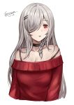  1girl artist_name bare_shoulders barrette black_choker blush bra_strap braid breasts choker cleavage collarbone dated eyebrows_visible_through_hair g36c_(girls_frontline) girls_frontline grey_hair hair_between_eyes hair_over_one_eye highres long_hair looking_at_viewer medium_breasts open_mouth red_eyes selcky silver_hair solo white_background 