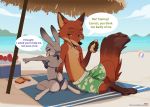  2020 absurd_res anthro ball beach beach_ball bikini breasts brown_body brown_fur butt canid canine cheek_tuft clothed clothing cloud day detailed_background dialogue disney duo english_text facial_tuft female food fox fur grey_body grey_fur hi_res judy_hopps lagomorph leg_markings leporid male mammal markings midriff nick_wilde open_mouth open_smile outside pawpsicle popsicle rabbit red_fox riska_(artist) sand sandwich_(food) sea seaside sky smile socks_(marking) speech_bubble swimming_trunks swimwear text topless towel tuft umbrella url vacation water zootopia 