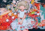  1girl abstract abstract_background bangs ebisu_eika feet_out_of_frame hito_(nito563) light_blue_dress open_mouth platinum_blonde_hair puffy_short_sleeves puffy_sleeves red_eyes short_hair short_sleeves smile solo touhou 