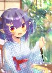  1girl :d abukuma_(azur_lane) azur_lane bangs blurry blurry_background blush breasts chair commentary_request depth_of_field ear_piercing eyebrows_visible_through_hair facial_mark fang hair_between_eyes hair_ornament hairclip hand_up horns japanese_clothes kimono kouu_hiyoyo long_sleeves looking_at_viewer on_chair open_mouth piercing pointy_ears purple_hair red_eyes sitting sleeves_past_wrists small_breasts smile solo white_kimono wide_sleeves 
