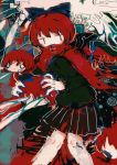  1girl abstract abstract_background bangs black_skirt bow capelet disembodied_head eye_beam feet_out_of_frame floating_head hair_bow hito_(nito563) holding_head long_sleeves multiple_heads pleated_skirt red_capelet red_hair sekibanki short_hair skirt smile solo touhou 
