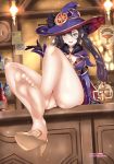 1girl absurdres bare_legs bare_shoulders barefoot black_hair blurry blurry_background breasts choker cleavage covered_navel cowboy_shot elbow_gloves feet genshin_impact gloves hair_between_eyes hat high_heels highres huge_filesize incro300 leg_up leotard looking_at_viewer mona_(genshin_impact) no_panties pov_feet simple_background sitting sitting_on_table small_breasts soles strapless strapless_leotard tavern thighs toes twintails witch_hat 