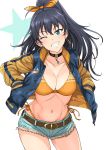  1girl bangs bikini bikini_under_clothes black_hair blue_shorts breasts cleavage collarbone commentary cowboy_shot cutoffs earrings eyebrows_visible_through_hair ganaha_hibiki grin hair_between_eyes hands_in_pockets high_ponytail highres hoop_earrings idolmaster idolmaster_(classic) jacket jewelry long_hair long_sleeves looking_at_viewer navel one_eye_closed open_clothes open_jacket orange_bikini short_shorts shorts side-tie_bikini smile solo starry_background swimsuit thighs tsurui white_background zipper zipper_pull_tab 