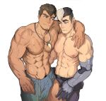 2boys abs arm_around_shoulder bara bulge bulge_press chest_hair clothes_around_waist cross_scar crossover dark-skinned_male dark_skin dota:_dragon&#039;s_blood dota_(series) dota_2 dragon_knight_(dota) erection erection_under_clothes facial_hair feet_out_of_frame goatee highres interracial jacket jacket_around_waist large_pectorals loegaku male_focus male_pubic_hair mature_male multiple_boys muscular muscular_male naked_jacket navel navel_hair nipples pectoral_docking pectoral_press pectorals pubic_hair pubic_hair_peek scar scar_on_chest short_hair sideburns smile stomach takashi_shirogane thick_eyebrows thick_thighs thighs topless_male voltron:_legendary_defender yaoi 