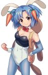  1girl animal_backpack animal_ears backpack bag bangs blue_hair blue_legwear blush bow bowtie breasts bunny_backpack bunny_ears carrot_hair_ornament cleavage clenched_hand closed_mouth commentary_request covered_navel cowboy_shot detached_collar detached_sleeves fake_animal_ears food_themed_hair_ornament hair_ornament hand_on_hip highres leotard looking_at_viewer mahou_yuugi medium_breasts pantyhose parted_bangs pipin_(mahou_yuugi) playboy_bunny red_bow red_eyes sayshownen short_hair simple_background smile solo standing strapless strapless_leotard twitter_username two-tone_leotard two_side_up white_background wrist_cuffs 