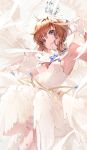  1girl blush breasts brown_hair cardcaptor_sakura crown eyebrows eyebrows_visible_through_hair gloves highres idoukunn kinomoto_sakura looking_at_viewer parted_lips short_hair solo white_gloves 