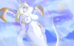  2020 5_fingers absurd_res anthro big_breasts blonde_hair breasts claws digital_media_(artwork) dragon feathered_dragon feathered_wings feathers female fingers genitals hair hi_res horn joxdkauss konami looking_at_viewer nipples nude open_mouth pussy saffira_queen_of_dragons scalie simple_background smile solo wings yu-gi-oh 