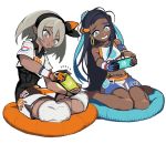  2girls absurdres anger_vein aqua_hair armlet bare_legs bare_shoulders barefoot bea_(pokemon) belly_chain bike_shorts black_bodysuit black_hair black_hairband bodysuit bodysuit_under_clothes bow_hairband clenched_teeth collared_shirt dark_skin earrings full_body furrowed_eyebrows gloves gratin_gratin green_eyes grey_eyes grey_hair gym_leader hair_between_eyes hair_bun hairband handheld_game_console highres holding holding_handheld_game_console hoop_earrings jewelry knee_pads leaning_to_the_side long_hair medium_hair multicolored multicolored_eyes multicolored_hair multiple_girls nessa_(pokemon) nintendo_switch o3o on_pillow orange_eyes partly_fingerless_gloves pillow playing_games pokemon pokemon_(game) pokemon_swsh print_shirt print_shorts puckered_lips shirt short_sleeves shorts side-by-side simple_background single_glove sitting stomach swimsuit tankini tearing_up teeth tied_shirt two-tone_hair very_long_hair wariza white_background 