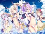  4girls ;d adapted_costume alternate_costume animal_ears aruka_(alka_p1) ayanami_(azur_lane) azur_lane bangs bare_shoulders beret bikini blonde_hair blue_eyes blue_sky blush bow breasts brown_eyes bunny_ears choker cloud cloudy_sky commentary_request crown double_v eyebrows_visible_through_hair fake_animal_ears floating_hair gloves green_eyes hair_between_eyes hair_bow hair_ornament hair_ribbon hairband hairclip hat headgear high_ponytail highres in_water innertube iron_cross javelin_(azur_lane) laffey_(azur_lane) long_hair looking_at_viewer manjuu_(azur_lane) medium_breasts midriff mini_crown multiple_girls navel ocean one_eye_closed open_mouth ponytail purple_hair retrofit_(azur_lane) revision ribbon sarong short_hair sidelocks sky small_breasts smile stomach swimsuit twintails v very_long_hair wet wind z23_(azur_lane) 