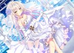  1girl alternate_costume aruka_(alka_p1) azur_lane bird breasts bridal_veil cloud collarbone commentary_request dove dress dress_lift dutch_angle elbow_gloves feathers flower gloves hair_flower hair_ornament iron_cross jewelry long_hair looking_at_viewer mole mole_under_eye necklace ocean off-shoulder_dress off_shoulder petals revision silver_hair sky smile solo veil wedding_dress white_gloves white_hair wind yellow_eyes z46_(azur_lane) 