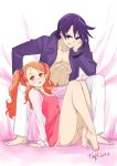  1boy 1girl bangs barefoot couple dress food_themed_hair_ornament full_body hair_ornament head_rest hetero highres kirakira_precure_a_la_mode kuroki_rio long_hair long_sleeves looking_at_viewer open_mouth orange_eyes orange_hair panties pants pantyshot pinafore_dress pink_dress pink_panties precure purple_eyes purple_hair shiny shiny_hair shirt short_dress short_hair sketch sleeveless sleeveless_dress strawberry_hair_ornament swept_bangs tuqi_pix twintails underwear usami_ichika v-shaped_eyebrows white_pants white_shirt 