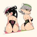  beauty_mark big_butt black_hair breasts butt callie_(splatoon) cephalopod clothing dancewear duo ear_piercing ear_ring female glistening glistening_body gloves grey_hair hair handwear humanoid inkling leotard looking_at_viewer looking_back marie_(splatoon) marine mollusk nintendo piercing side_boob simple_background sitting splatoon squid_sisters_(splatoon) video_games white_background yuta_agc 